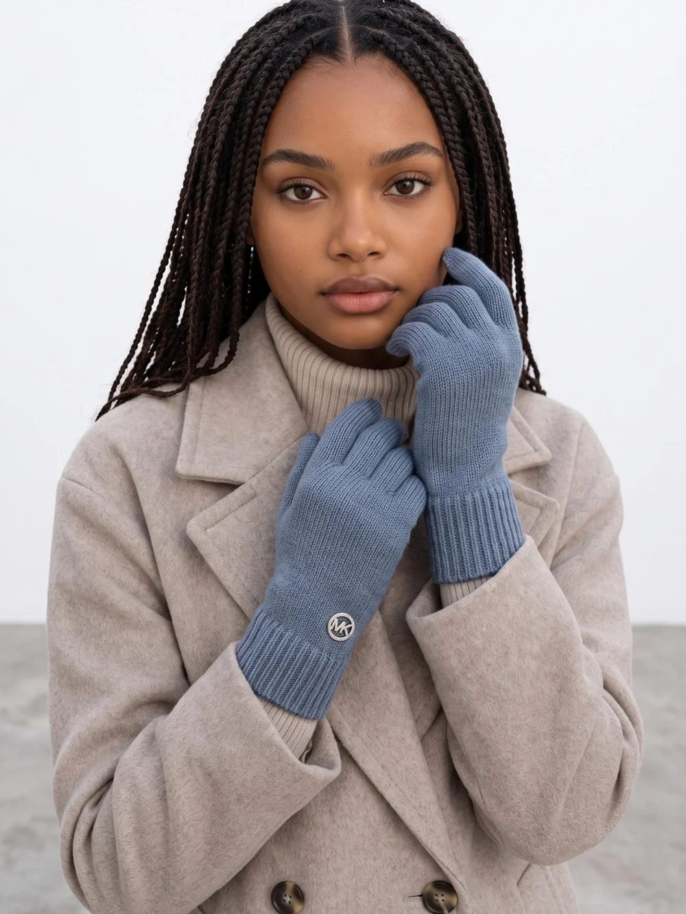 Michael Kors Heathered Blue Tech Touch Knit Gloves Silver Logo OS NWT